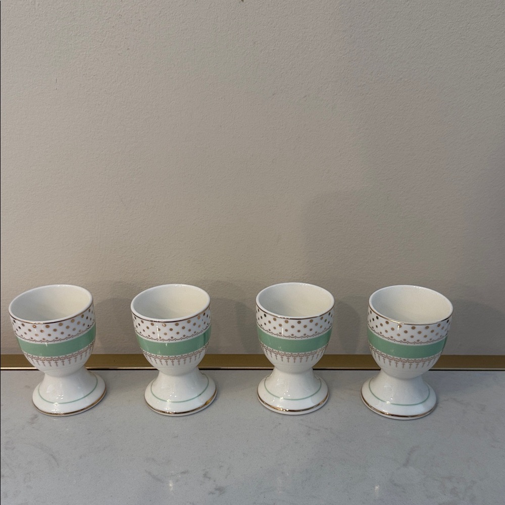 GRACE TEAWARE MINT GREEN GOLD Pin DOTS EGG CUP HOLDER STAND 4PC